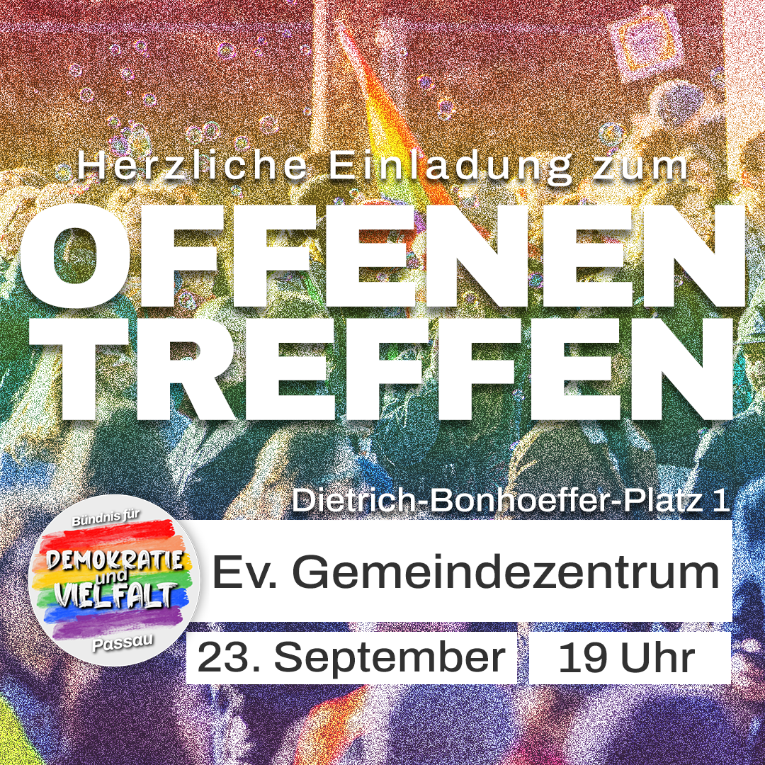 Sharepic für das Offene Treffen am 23. September 2024 um 19 Uhr im Evangelischen Gemeindezentrum am Dietrich-Bonhoeffer-Platz 1